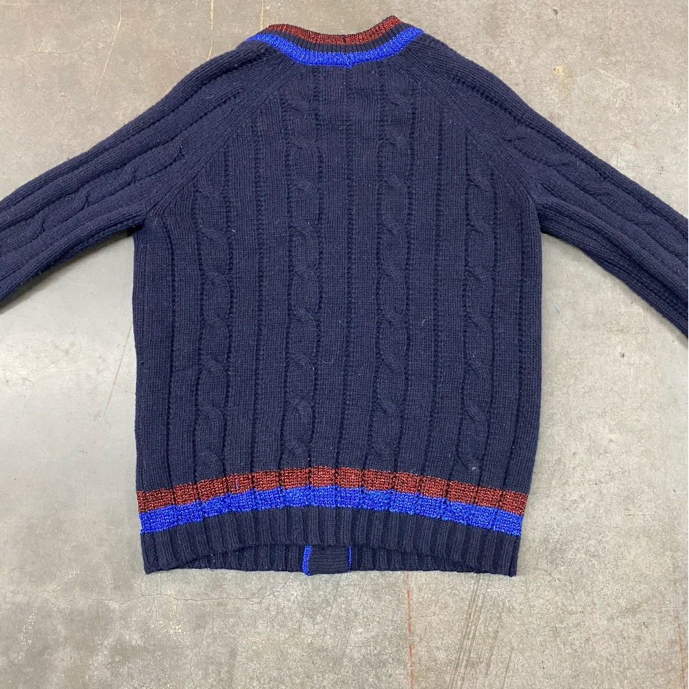 Gucci Cable Knit Cardigan Navy Stripe Trim Lambs Wool Sweater Women’s Large‎ - Picture 6 of 11